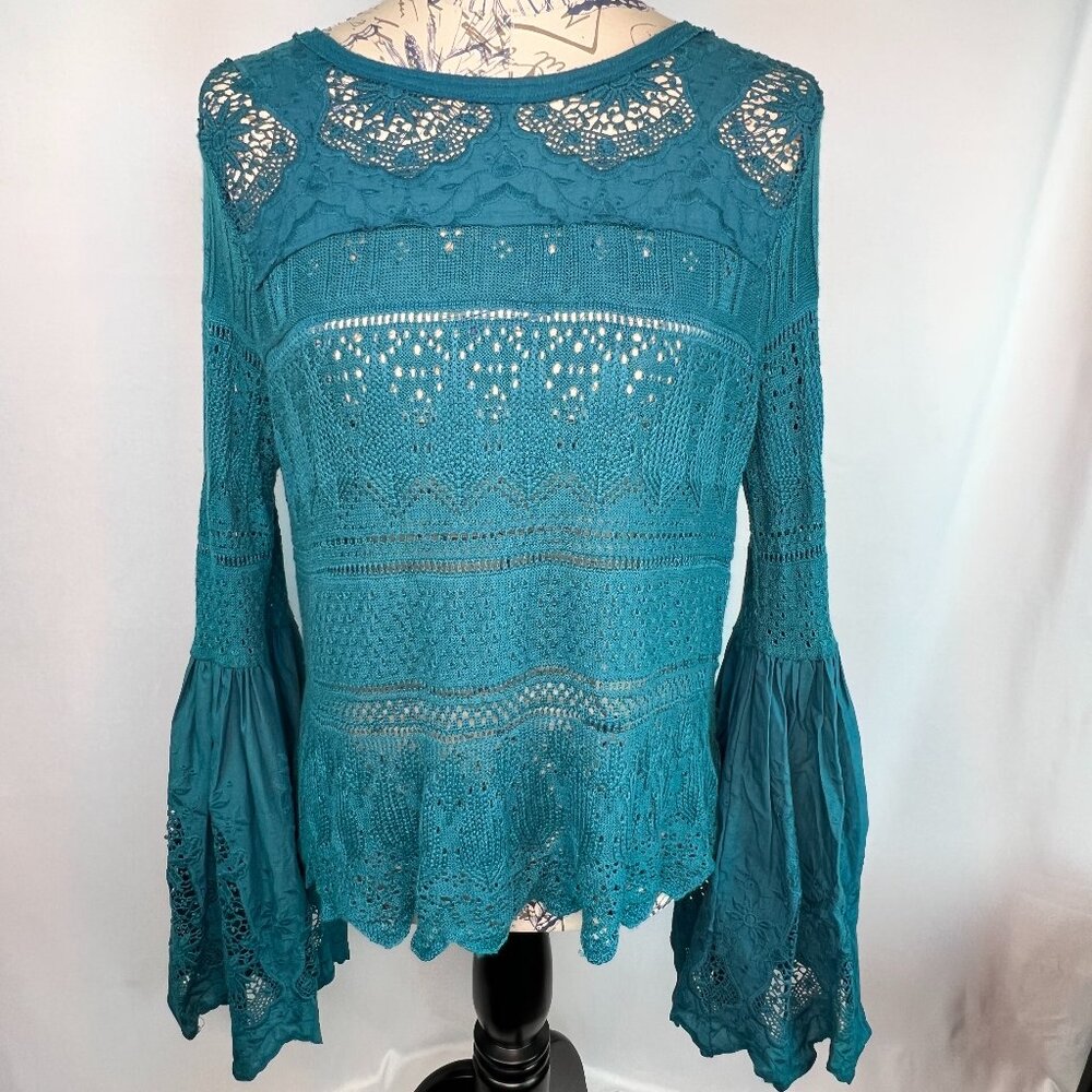 Free People Turquoise Once Upon A Time Bell Sleeve Peasant Top SM NWOT